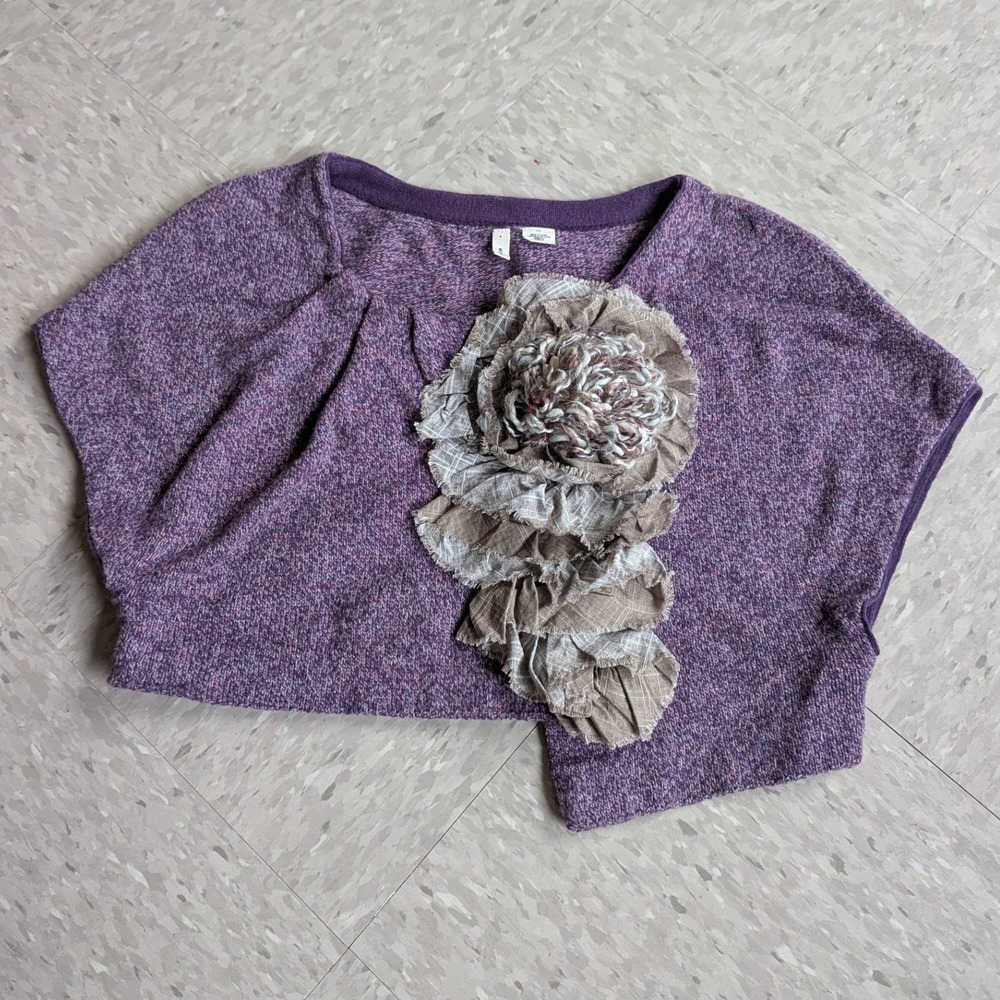 .Moth Boho Avant Garde Purple Wool Blend Knit Ruffle Flower Cropped Sweater M/L